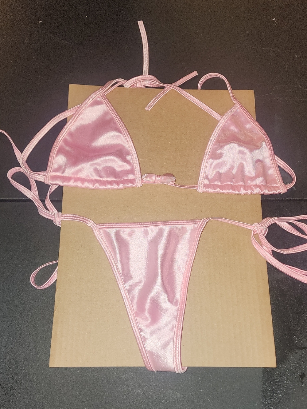 Pink Satin Triangle Bikini Top and Tie-Side Bottom